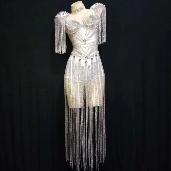 Fashion Epaulettes Bra with Rhinestones and Fringes for Jazz Dance, Stage Costumes, and Showgirl Performances. Women’s Sexy Club Jumpsuit.