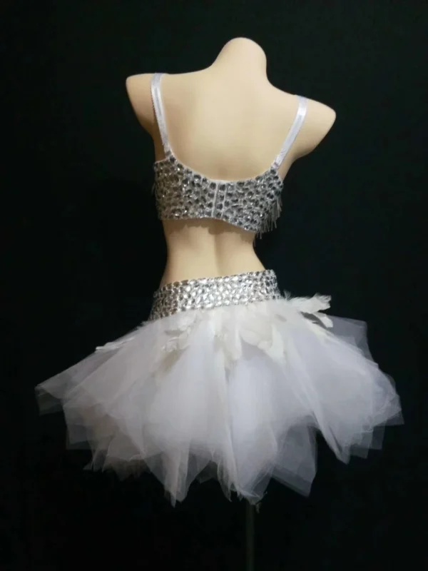 Glittery White Crystal Tassel Bra and Tutu Skirts for Strippers, Women’s Belly Dance Stage Costume, and Club Performance Wear. - Image 4