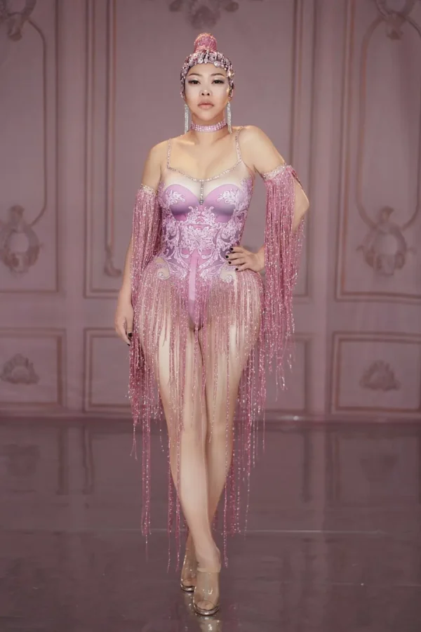 Designer Pink Spaghetti Strap Bodysuit with Crystal Tassels for Women - Sexy Club, Singer, Dancer Playsuit for Stage Performance Costume - Image 3