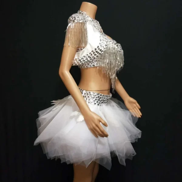Sparkling silver rhinestone tassel jacket and bra skirts for showgirls, strippers, and women’s Latin dance. Tutu dress and stage costumes. - Image 2
