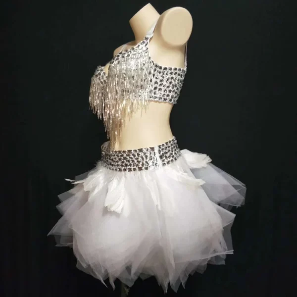 Glittery White Crystal Tassel Bra and Tutu Skirts for Strippers, Women’s Belly Dance Stage Costume, and Club Performance Wear. - Image 2