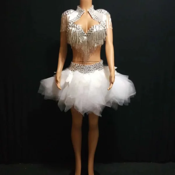 Sparkling silver rhinestone tassel jacket and bra skirts for showgirls, strippers, and women’s Latin dance. Tutu dress and stage costumes.