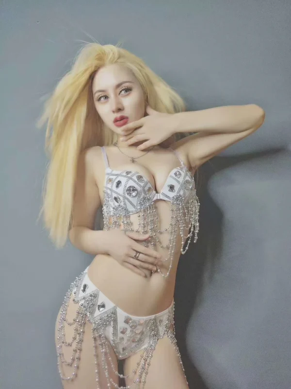 Sexy Silver Crystal Tassel Bra Shorts Club Stripper Dancewear Pole Dance Bikini Sets Women Stage Costume Performance Wear - Image 4