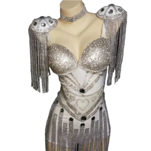 Fashion Epaulettes Bra with Rhinestones and Fringes for Jazz Dance, Stage Costumes, and Showgirl Performances. Women’s Sexy Club Jumpsuit. - Image 6