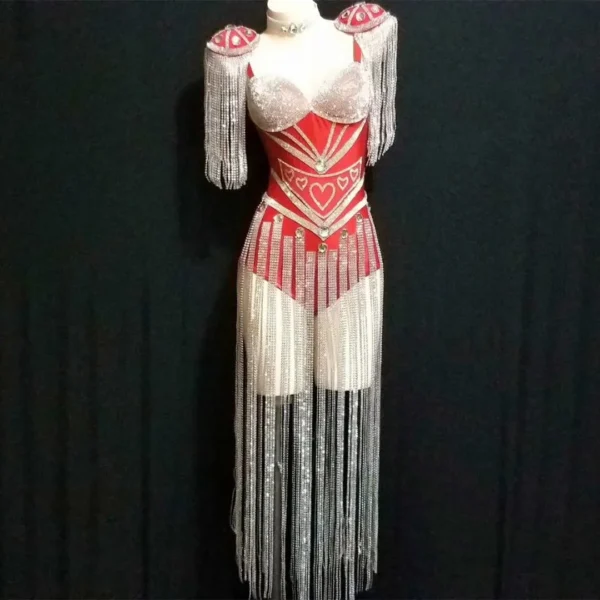Fashion Epaulettes Bra with Rhinestones and Fringes for Jazz Dance, Stage Costumes, and Showgirl Performances. Women’s Sexy Club Jumpsuit. - Image 3