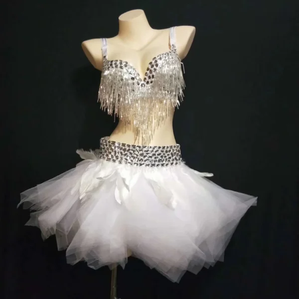 Glittery White Crystal Tassel Bra and Tutu Skirts for Strippers, Women’s Belly Dance Stage Costume, and Club Performance Wear.