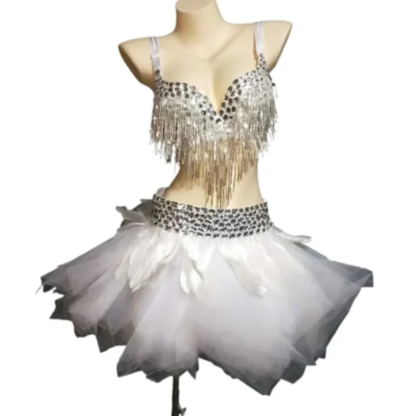 Glittery White Crystal Tassel Bra and Tutu Skirts for Strippers, Women’s Belly Dance Stage Costume, and Club Performance Wear. - Image 6