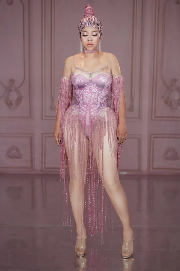 Designer Pink Spaghetti Strap Bodysuit with Crystal Tassels for Women - Sexy Club, Singer, Dancer Playsuit for Stage Performance Costume - Image 2