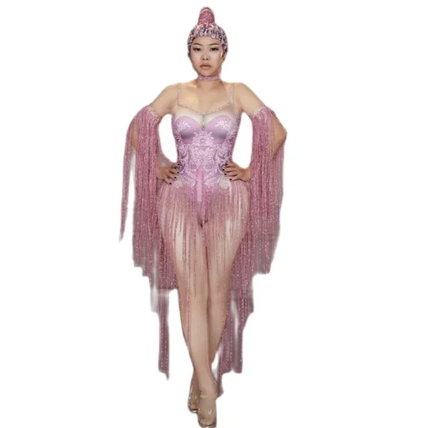 Designer Pink Spaghetti Strap Bodysuit with Crystal Tassels for Women - Sexy Club, Singer, Dancer Playsuit for Stage Performance Costume - Image 6