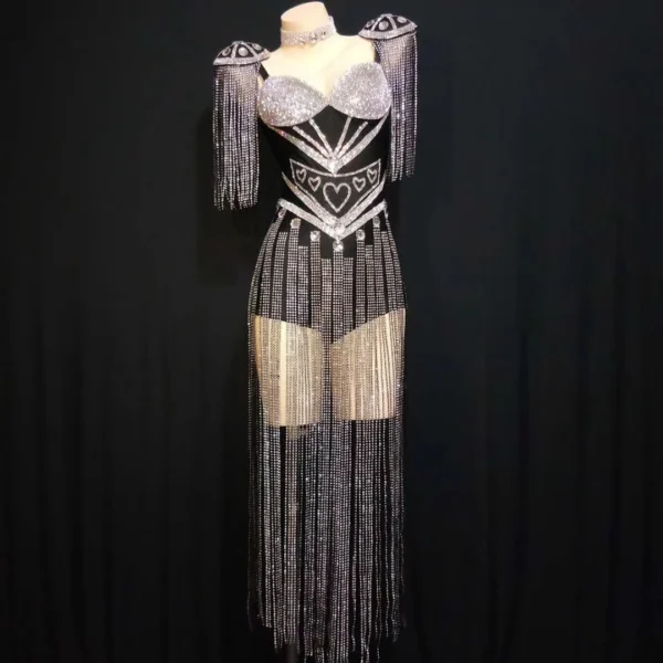 Fashion Epaulettes Bra with Rhinestones and Fringes for Jazz Dance, Stage Costumes, and Showgirl Performances. Women’s Sexy Club Jumpsuit. - Image 4